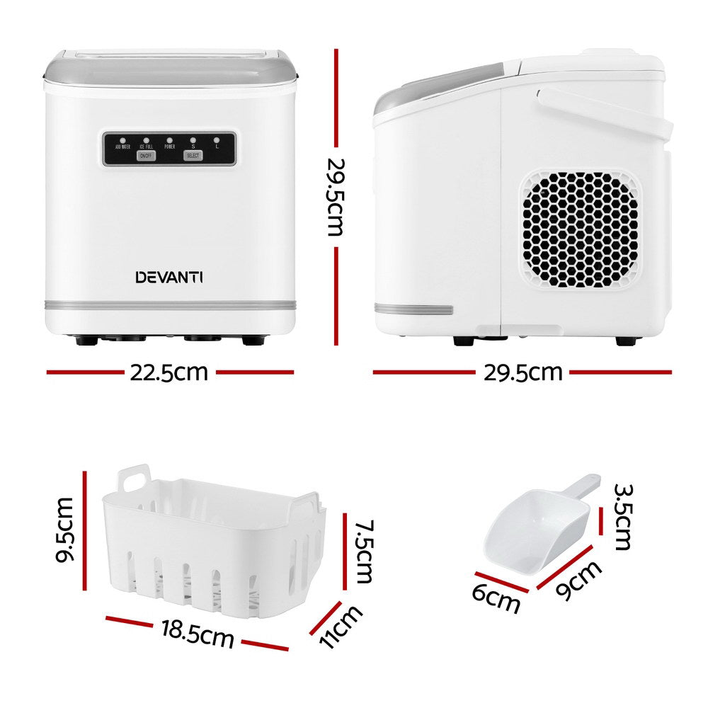 Devanti Ice Maker | Portable | 12kg | Self-Cleaning | Countertop | White