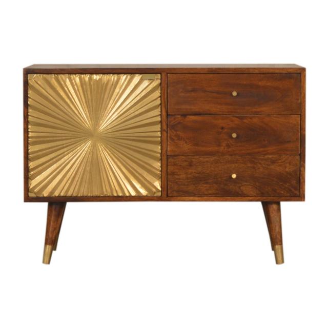 Manila Sunburst Sideboard | Solid Mango Wood | Chestnut & Brass Finish | 1 Door & 3 Drawers