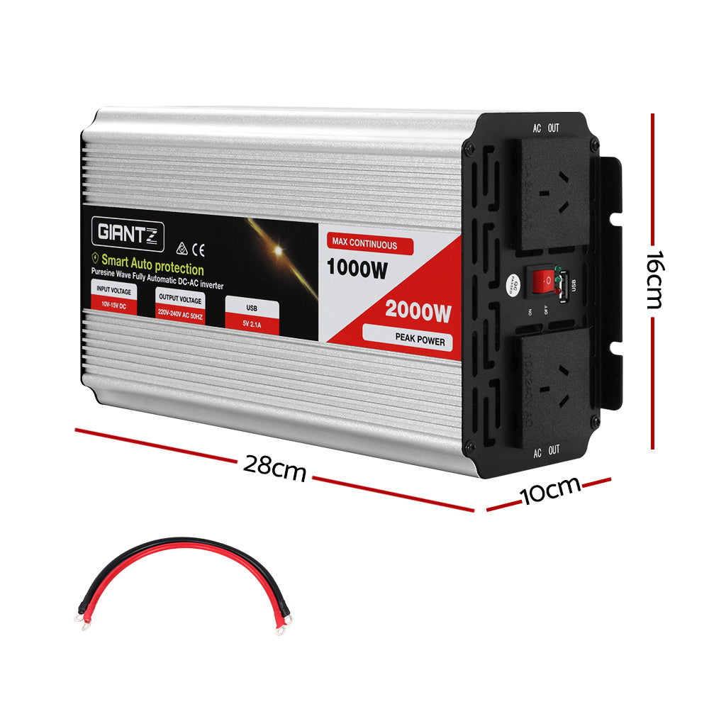 Giantz Power Inverter | 1000W or 2000W | Pure Sine Wave | 12V-240V | Camping | Boat | Caravan