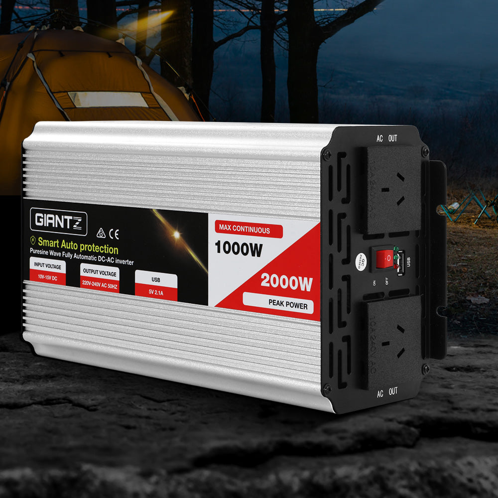 Giantz Power Inverter | 1000W or 2000W | Pure Sine Wave | 12V-240V | Camping | Boat | Caravan