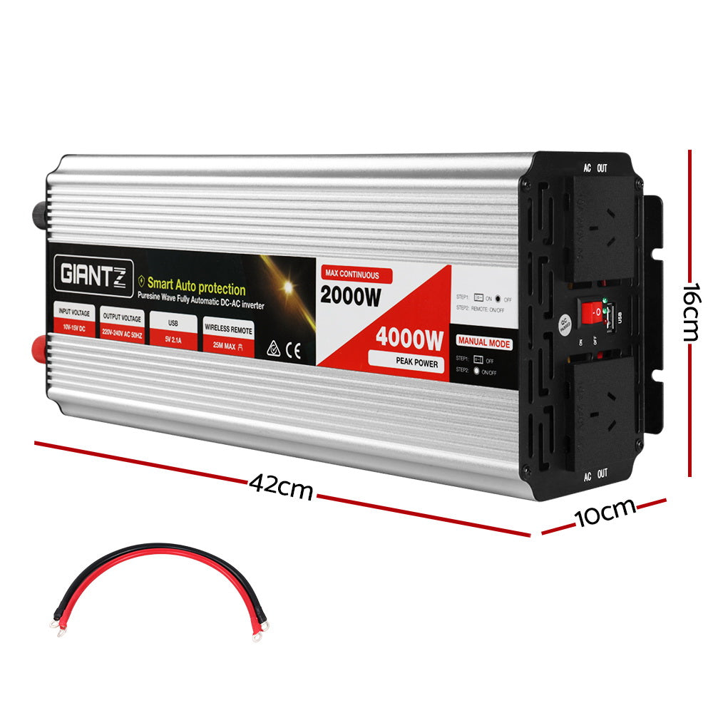 Giantz Power Inverter | 2000W or 4000W | Pure Sine Wave | 12V-240V | Camping | Boat | Caravan