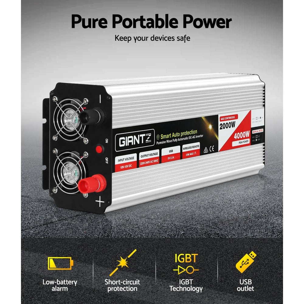 Giantz Power Inverter | 2000W or 4000W | Pure Sine Wave | 12V-240V | Camping | Boat | Caravan