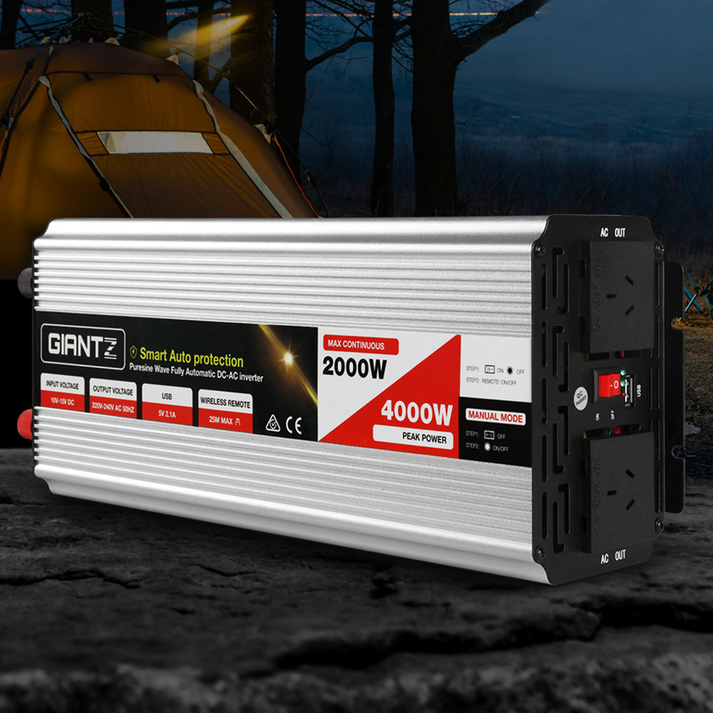 Giantz Power Inverter | 2000W or 4000W | Pure Sine Wave | 12V-240V | Camping | Boat | Caravan