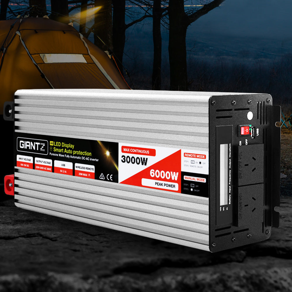 Giantz Power Inverter | 3000W or 6000W | Pure Sine Wave | 12V-240V | Camping | Boat | Caravan