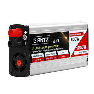 Giantz Power Inverter | 600W/1200W | 12V to 240V | Pure Sine Wave | Camping | Car | Boat