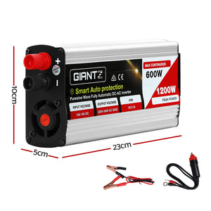 Giantz Power Inverter | 600W/1200W | 12V to 240V | Pure Sine Wave | Camping | Car | Boat