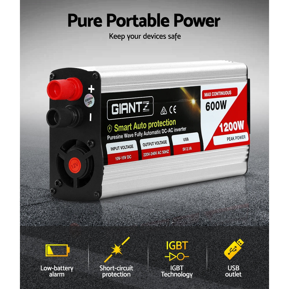 Giantz Power Inverter | 600W/1200W | 12V to 240V | Pure Sine Wave | Camping | Car | Boat