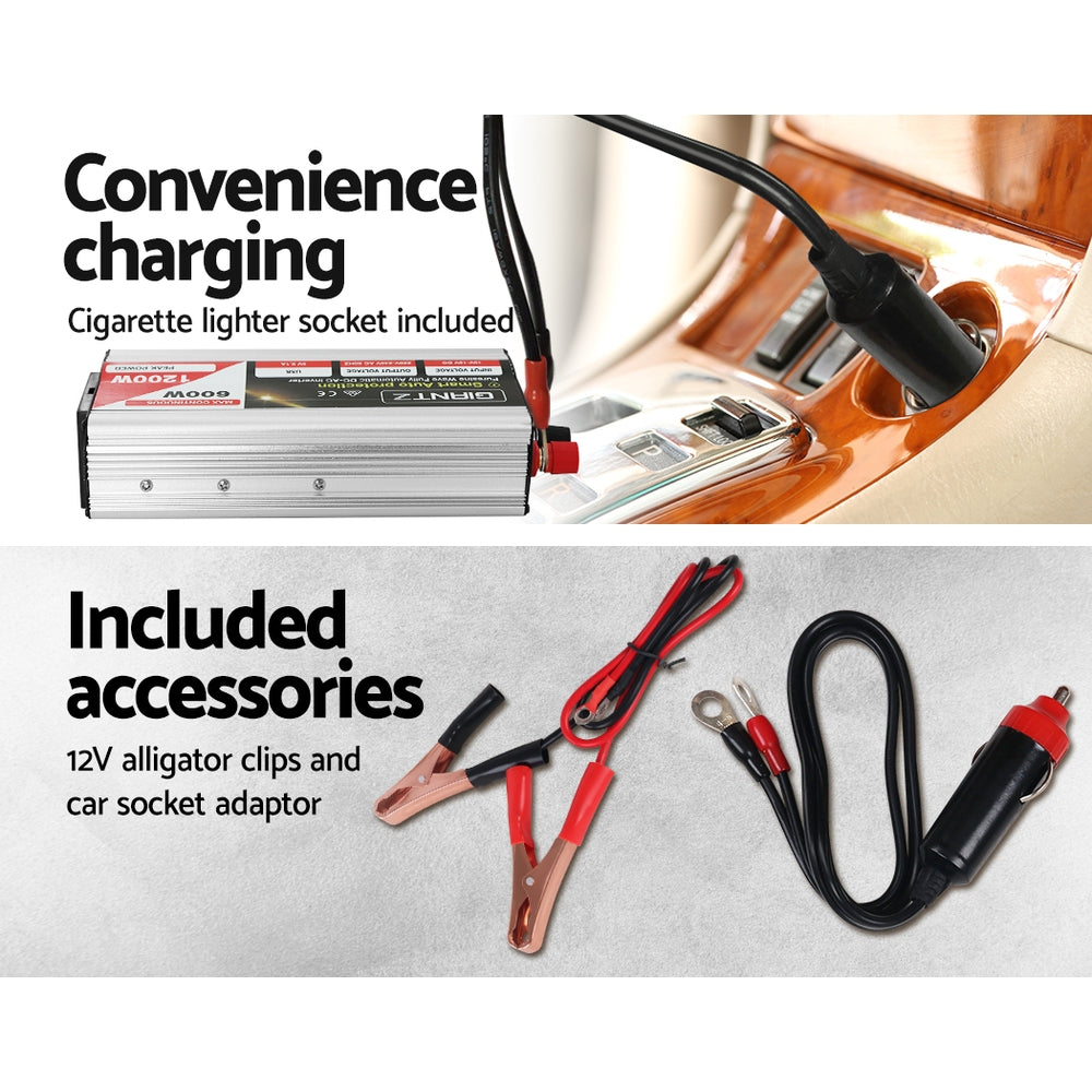 Giantz Power Inverter | 600W/1200W | 12V to 240V | Pure Sine Wave | Camping | Car | Boat