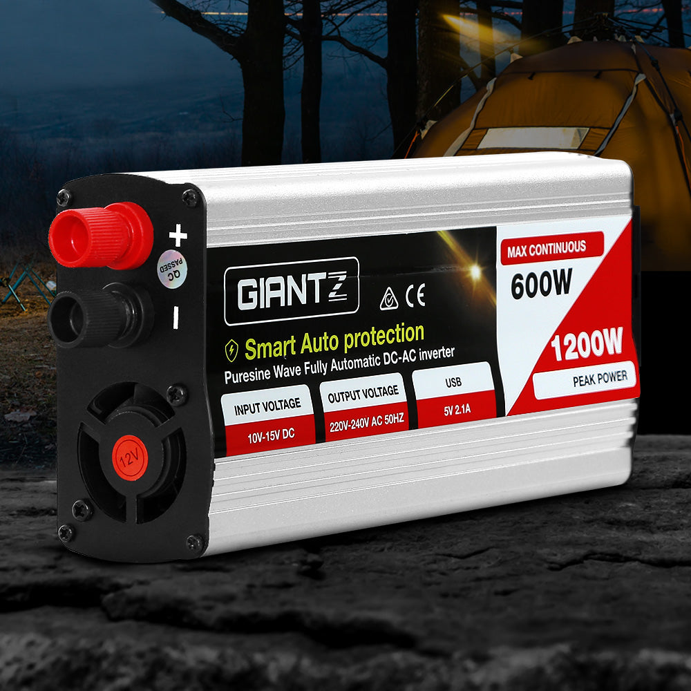 Giantz Power Inverter | 600W/1200W | 12V to 240V | Pure Sine Wave | Camping | Car | Boat