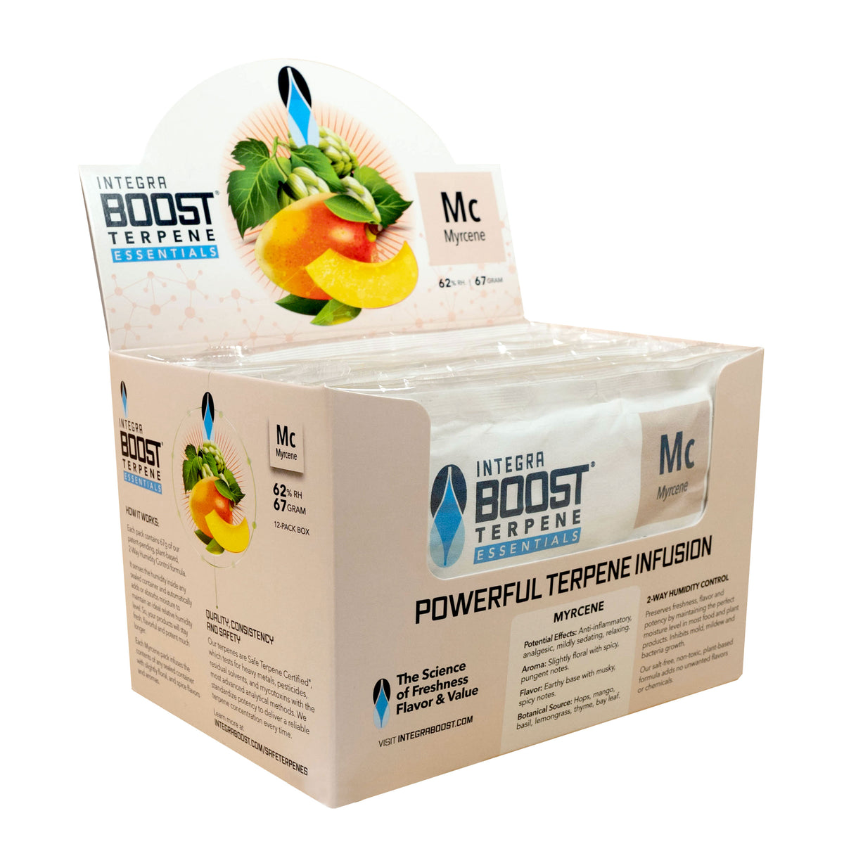 Integra BOOST® Terpene Essentials 67g | Myrcene | 62% RH | Box of 12 | 2-Way Humidity Control + Terpene Infusion
