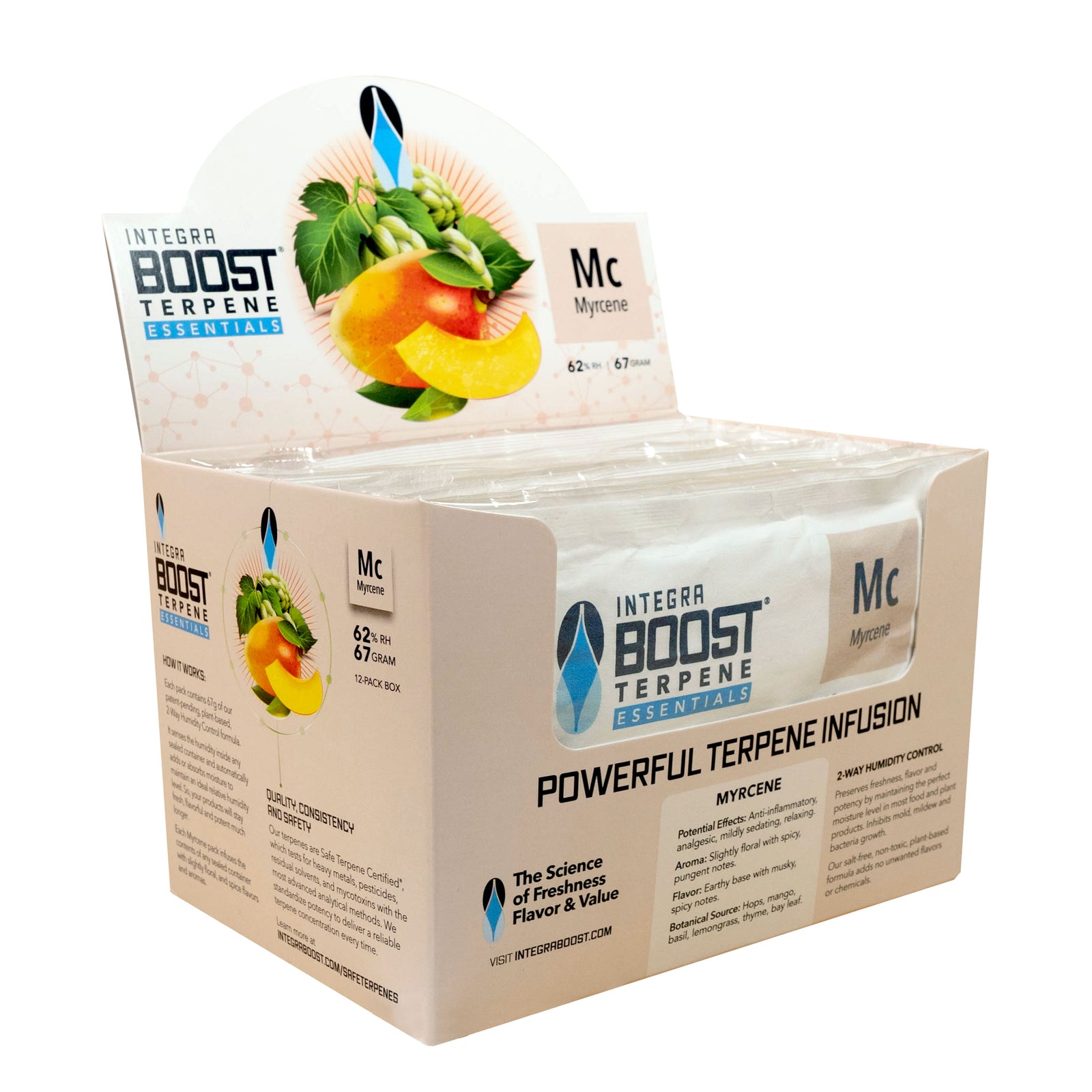 Integra BOOST® Terpene Essentials 67g | Myrcene | 62% RH | Box of 12 | 2-Way Humidity Control + Terpene Infusion