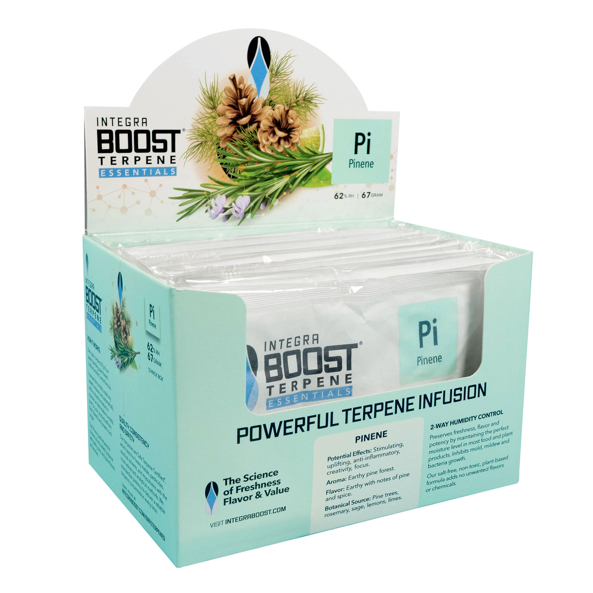 Integra BOOST® Terpene Essentials 67g | Pinene | 62% RH | Box of 12 | 2-Way Humidity Control + Terpene Infusion