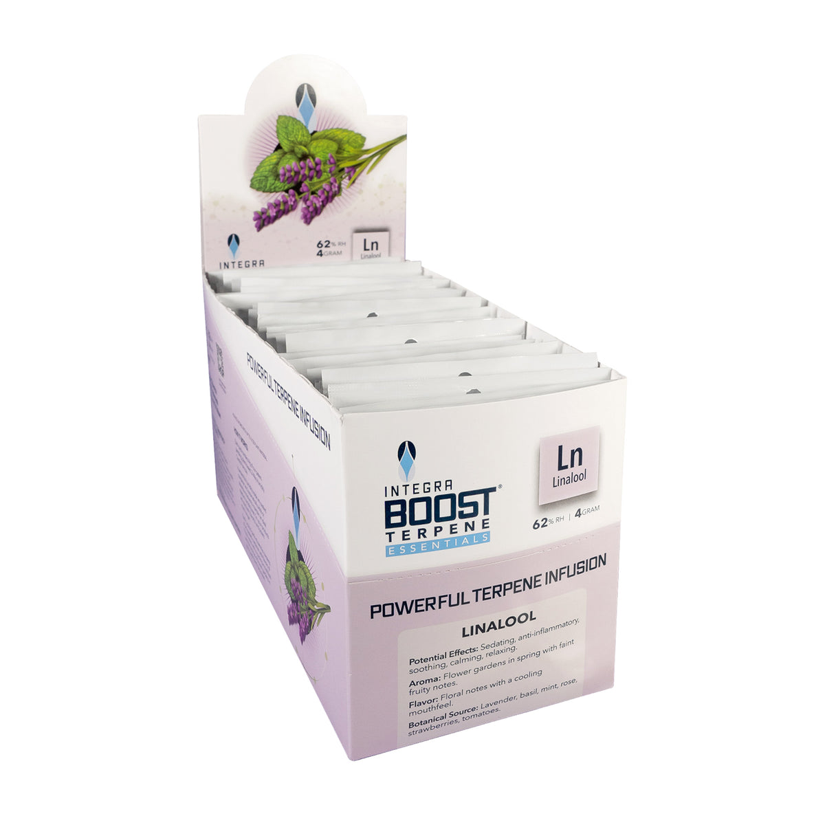 Integra BOOST® Terpene Essentials 4g | Linalool | 62% RH | Box of 48 | 2-Way Humidity Control + Terpene Infusion