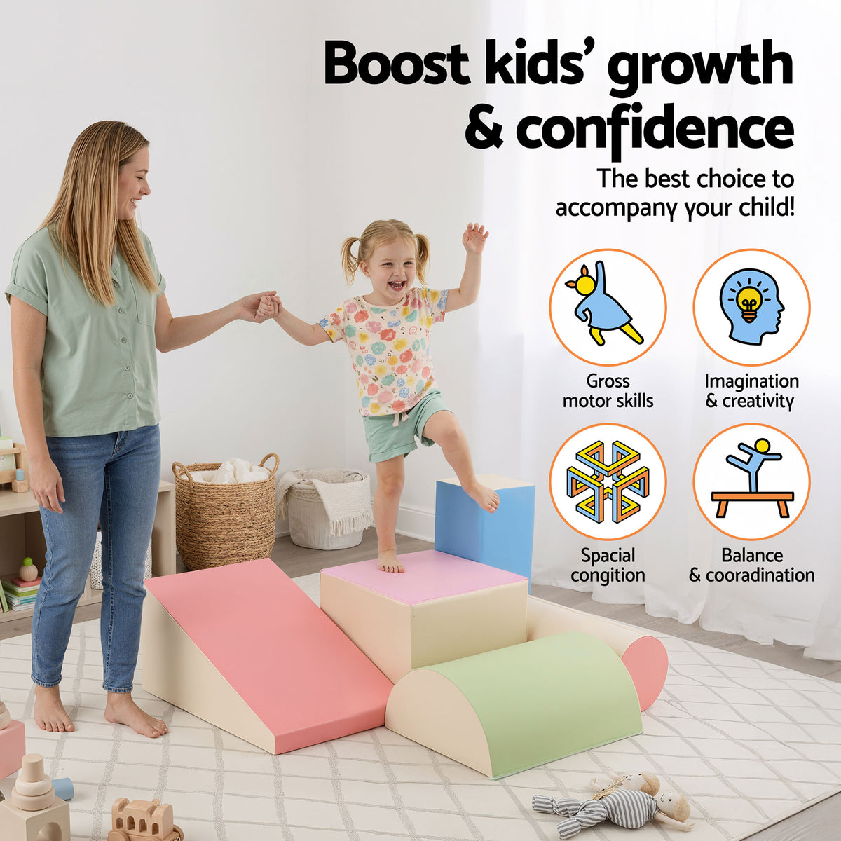 Kids Foam Climbing Blocks 5pc | Soft Indoor Toddler Playset | Rocker