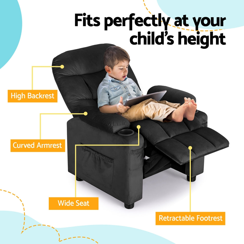 Recliner Chair | Black Velvet | Sofa Lounge Couch | Children's Armchair
