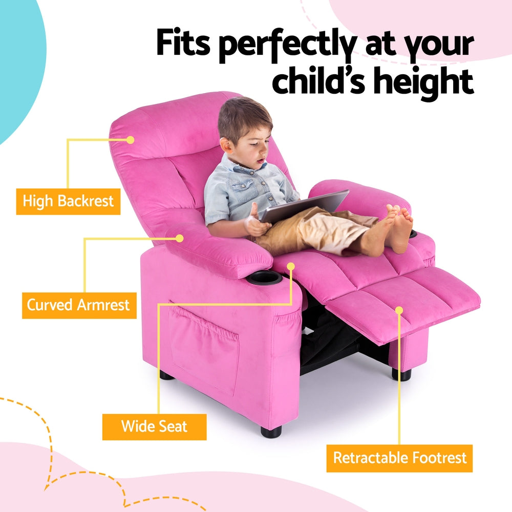 Recliner Chair | Pink Velvet | Sofa Lounge Couch | Children's Armchair