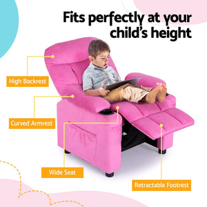 Recliner Chair | Pink Velvet | Sofa Lounge Couch | Children's Armchair
