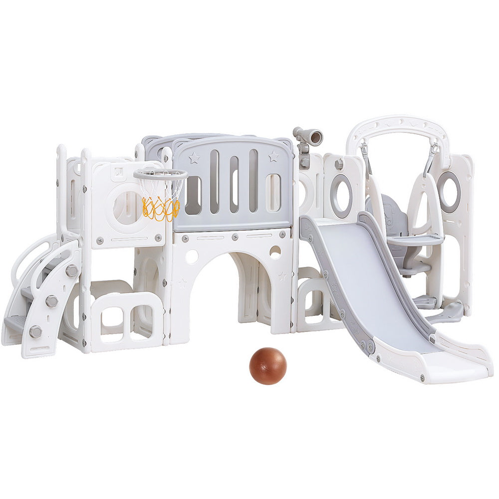 Keezi Kids Outdoor Playset | Slide Swing Basketball Hoop Football | 132cm | Grey