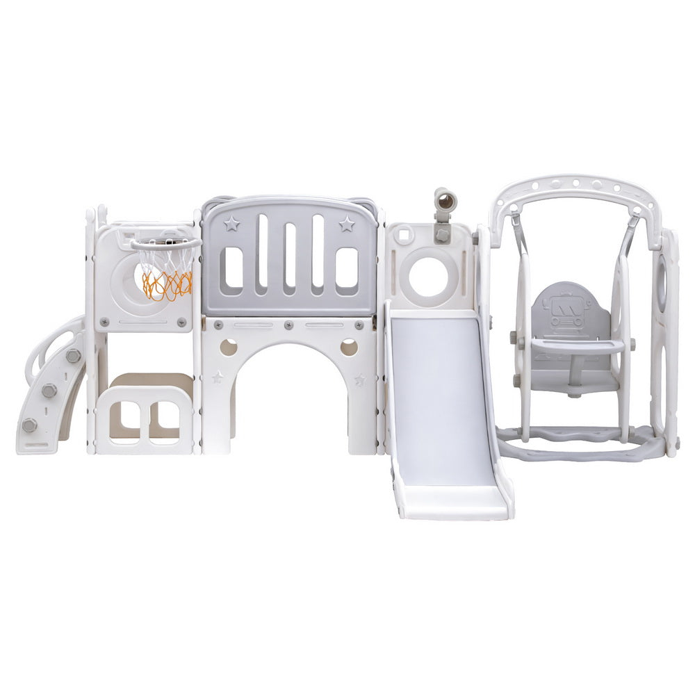 Keezi Kids Outdoor Playset | Slide Swing Basketball Hoop Football | 132cm | Grey