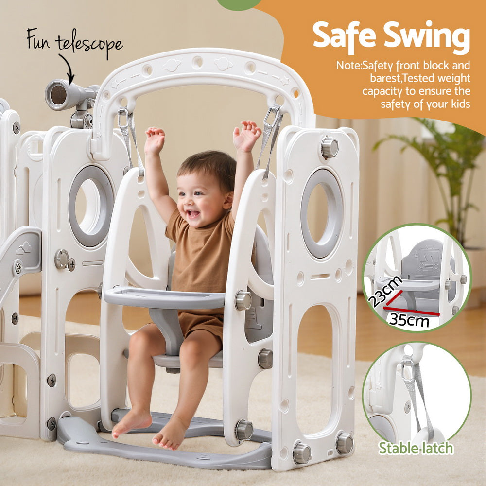 Keezi Kids Outdoor Playset | Slide Swing Basketball Hoop Football | 132cm | Grey