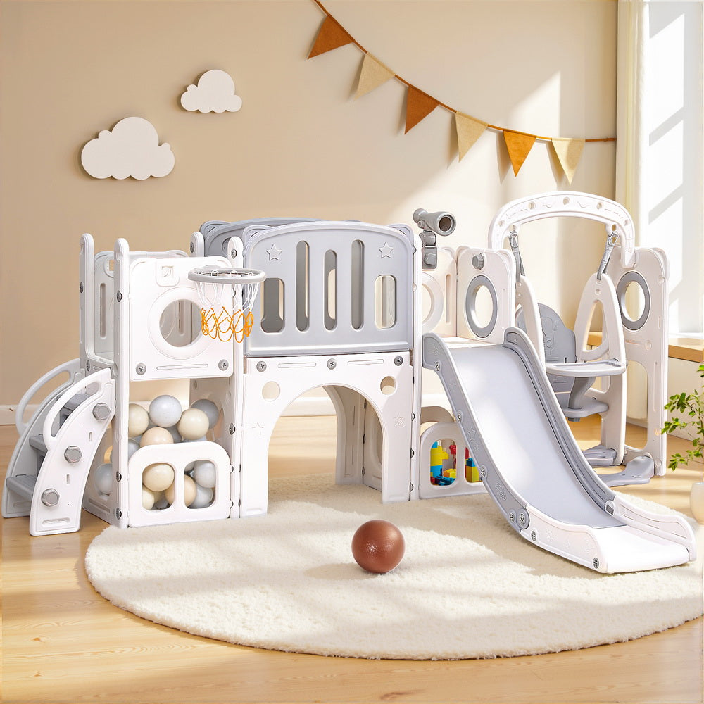 Keezi Kids Outdoor Playset | Slide Swing Basketball Hoop Football | 132cm | Grey