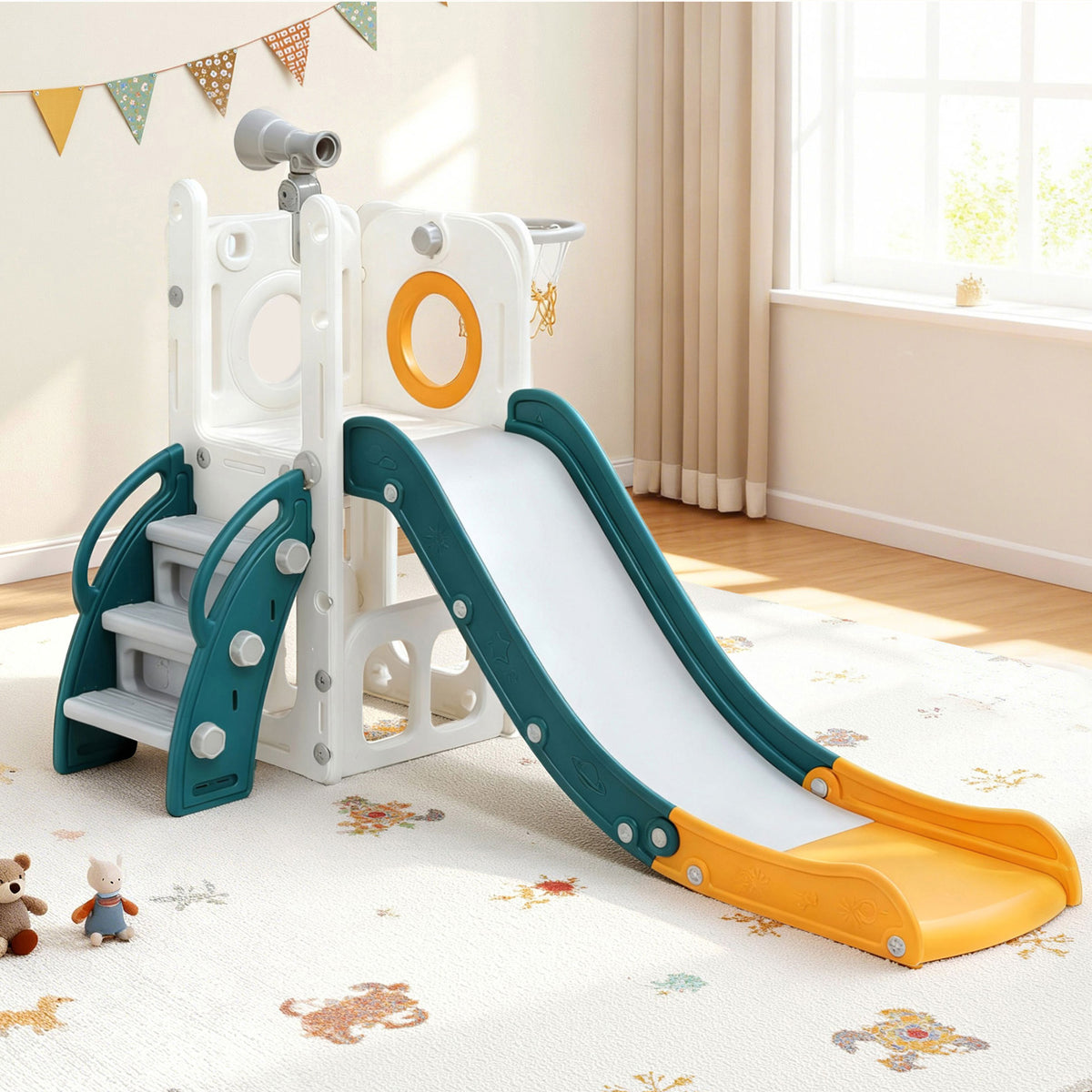 Kids Slide Set | Basketball Hoop + Telescope | Outdoor Playground | Storage