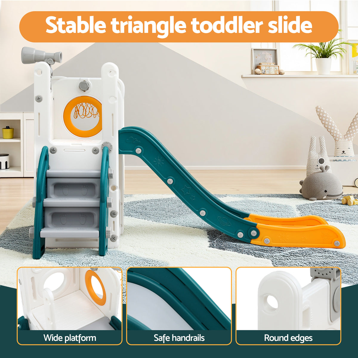 Kids Slide Set | Basketball Hoop + Telescope | Outdoor Playground | Storage