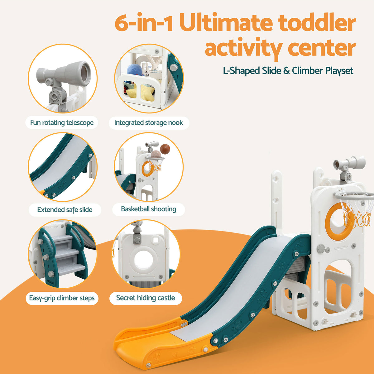 Kids Slide Set | Basketball Hoop + Telescope | Outdoor Playground | Storage