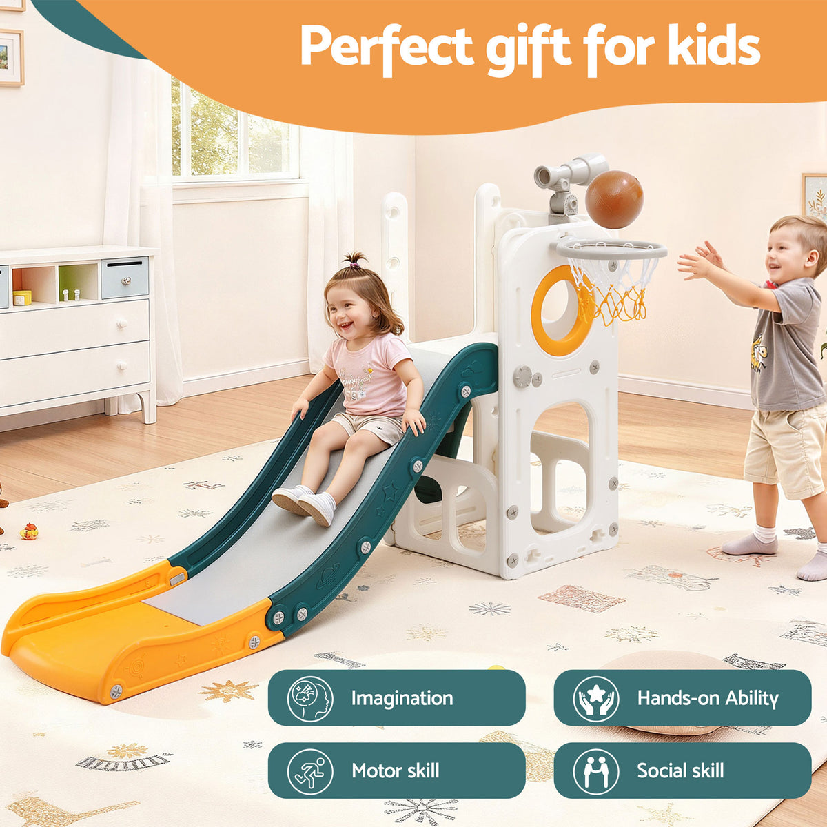 Kids Slide Set | Basketball Hoop + Telescope | Outdoor Playground | Storage