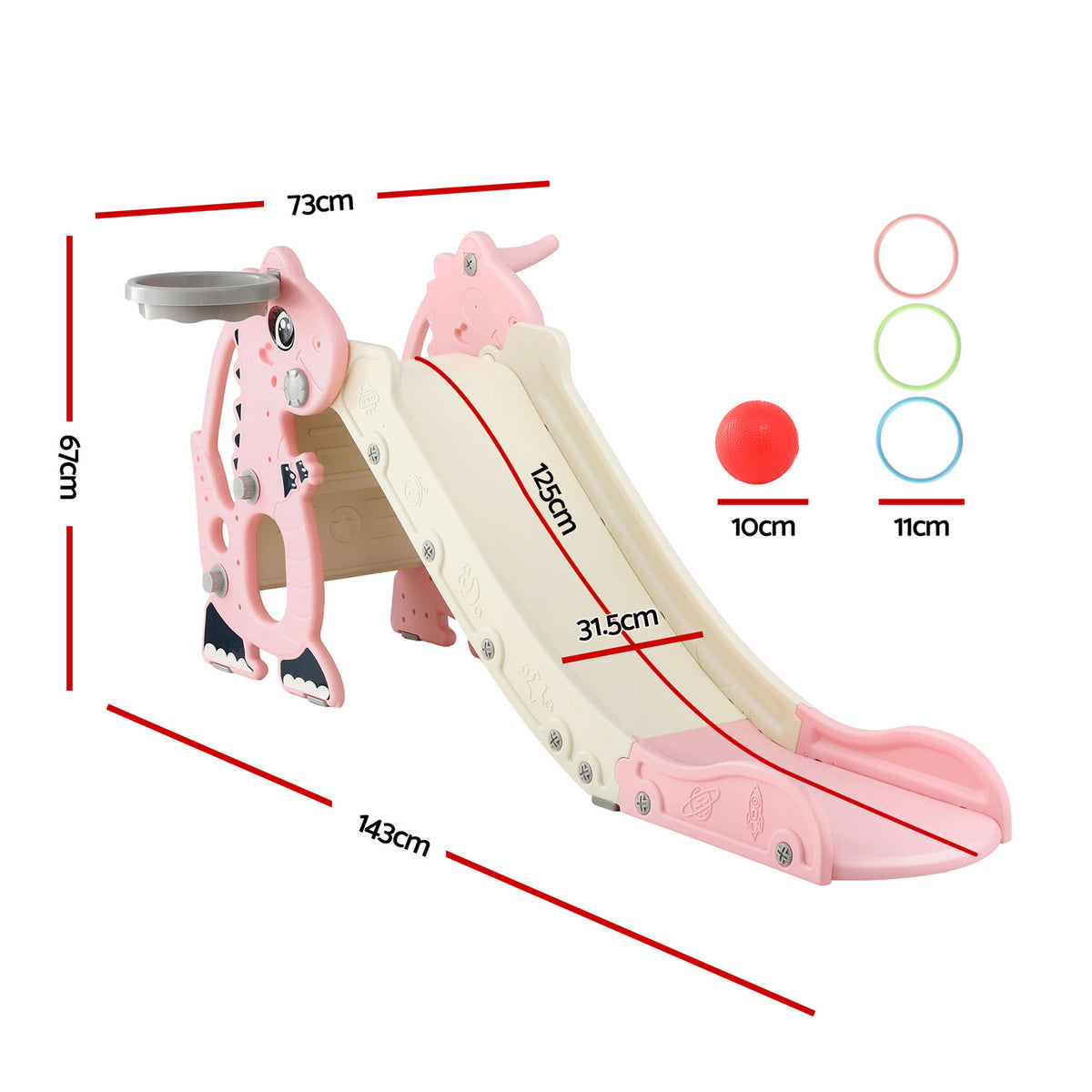 Dragon Kids Slide | 125cm | Basketball Hoop + Telescope | Pink