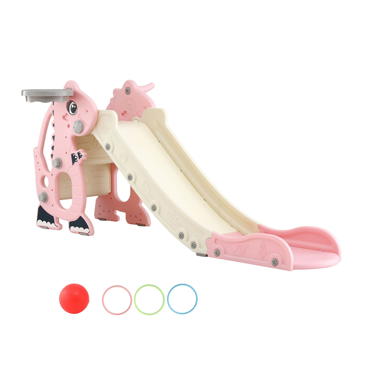 Dragon Kids Slide | 125cm | Basketball Hoop + Telescope | Pink