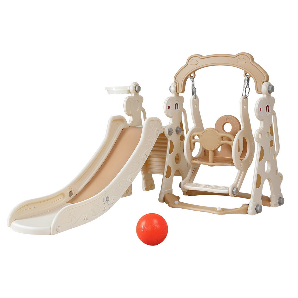 Keezi Slide & Swing Set | 3-in-1 Outdoor Playground | With Basketball Hoop | 160cm | Beige
