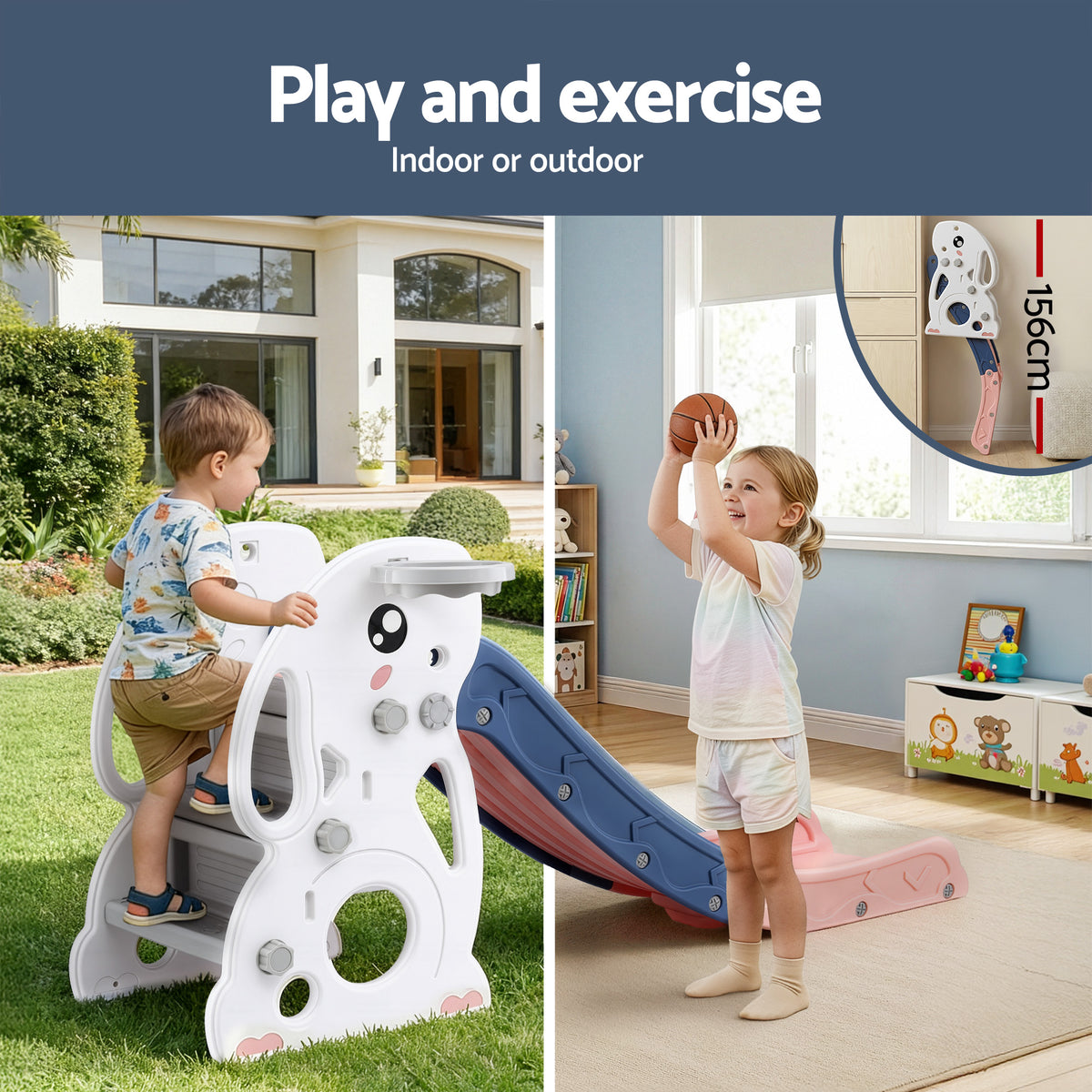 Kids Slide Set 147cm | Basketball Hoop | Outdoor Playground Toy