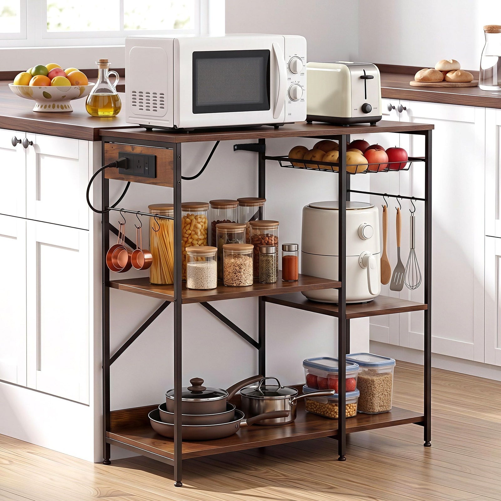 Kitchen Rack | 3-Tier Microwave Stand | Power Outlets & 6 Hooks | 90cm