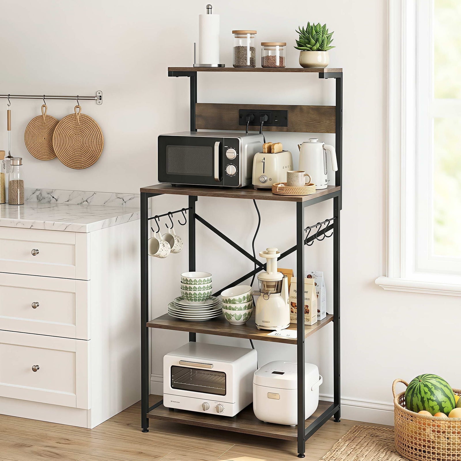 Kitchen Rack | 4-Tier Microwave Stand | Power Outlets & 6 Hooks