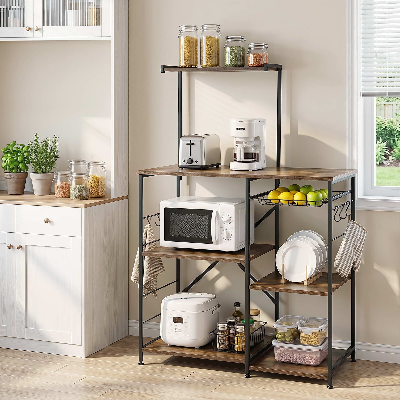 Kitchen Rack | 4-Tier Microwave Stand | Pull-Out Basket & 6 Hooks