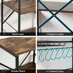 Artiss 4-Tier Kitchen Rack with Pull Out Basket 6 Hooks Microwave Storage Shelf