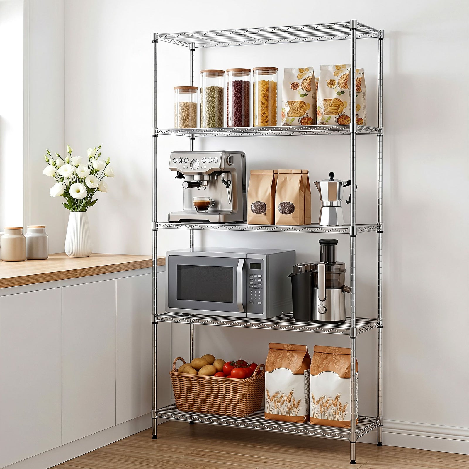 Kitchen Storage Rack | 5-Tier Adjustable Metal Shelving | 90 x 35 x 182cm