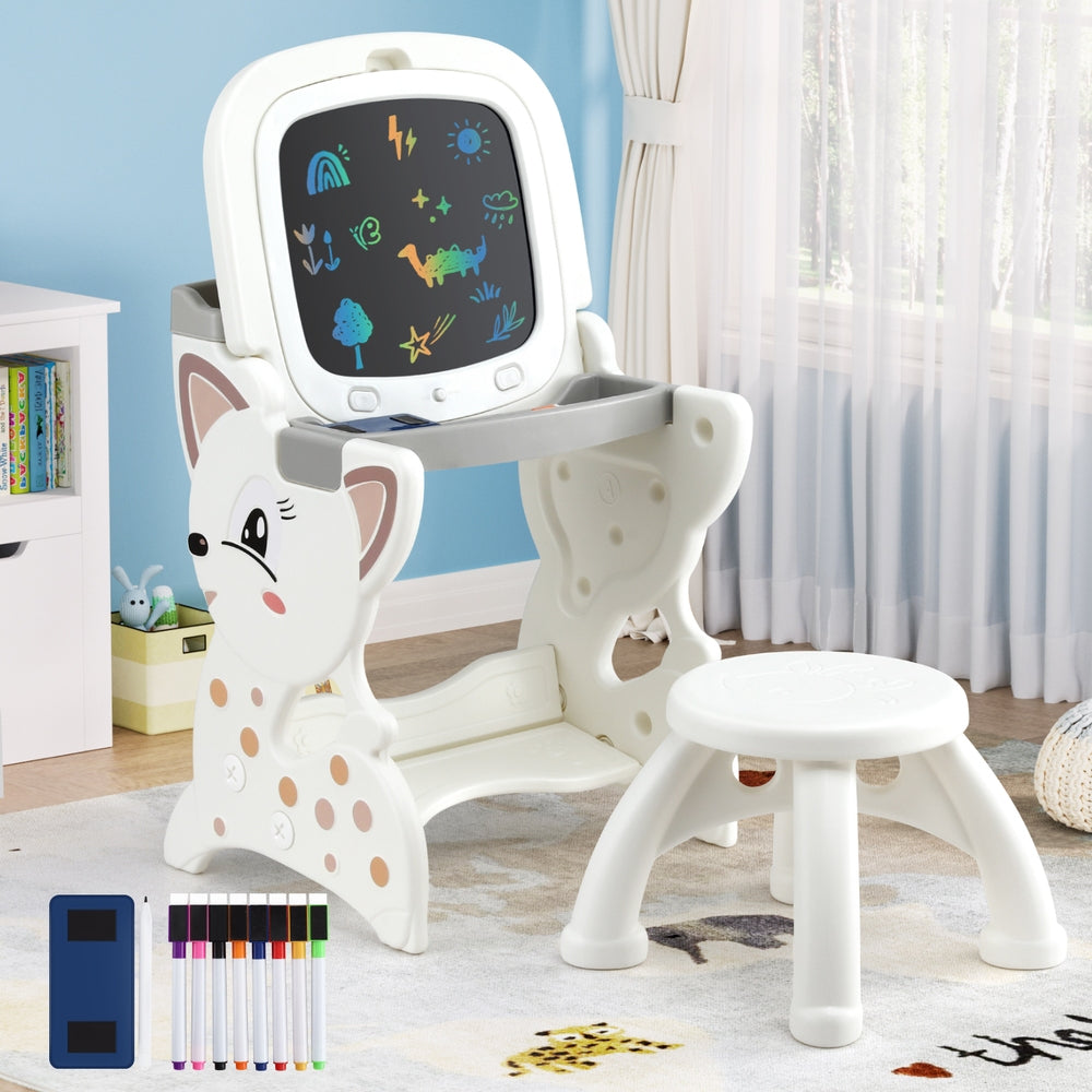 Table & Chair Set | 2-in-1 Easel Desk with Stool | LCD Writing Tablet | Children’s Furniture