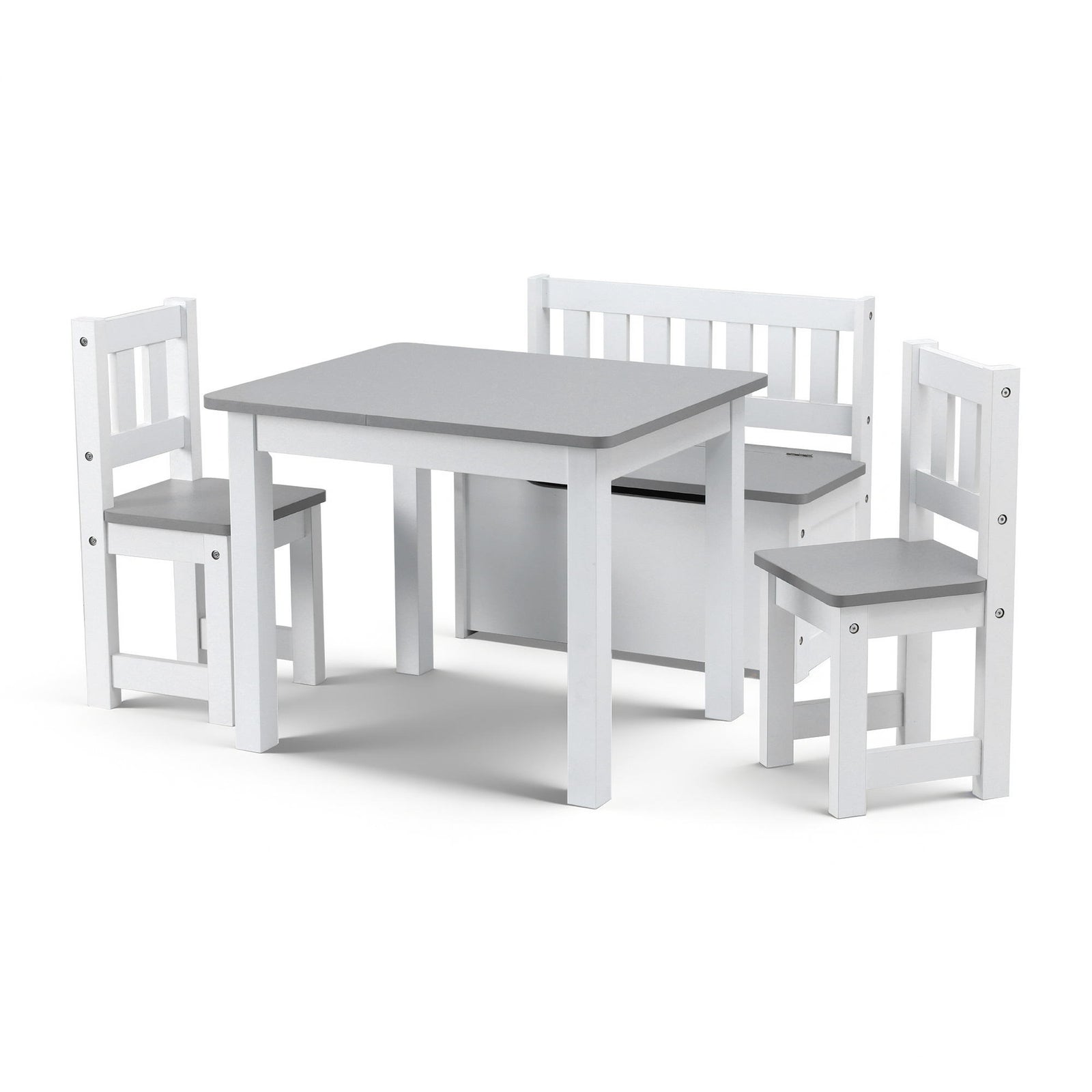 Kids Table Set 4pc | Activity Table + Storage Bench + 2 Chairs | Grey