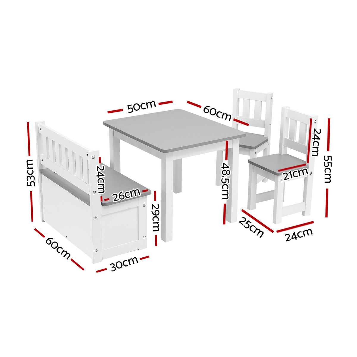 Kids Table Set 4pc | Activity Table + Storage Bench + 2 Chairs | Grey