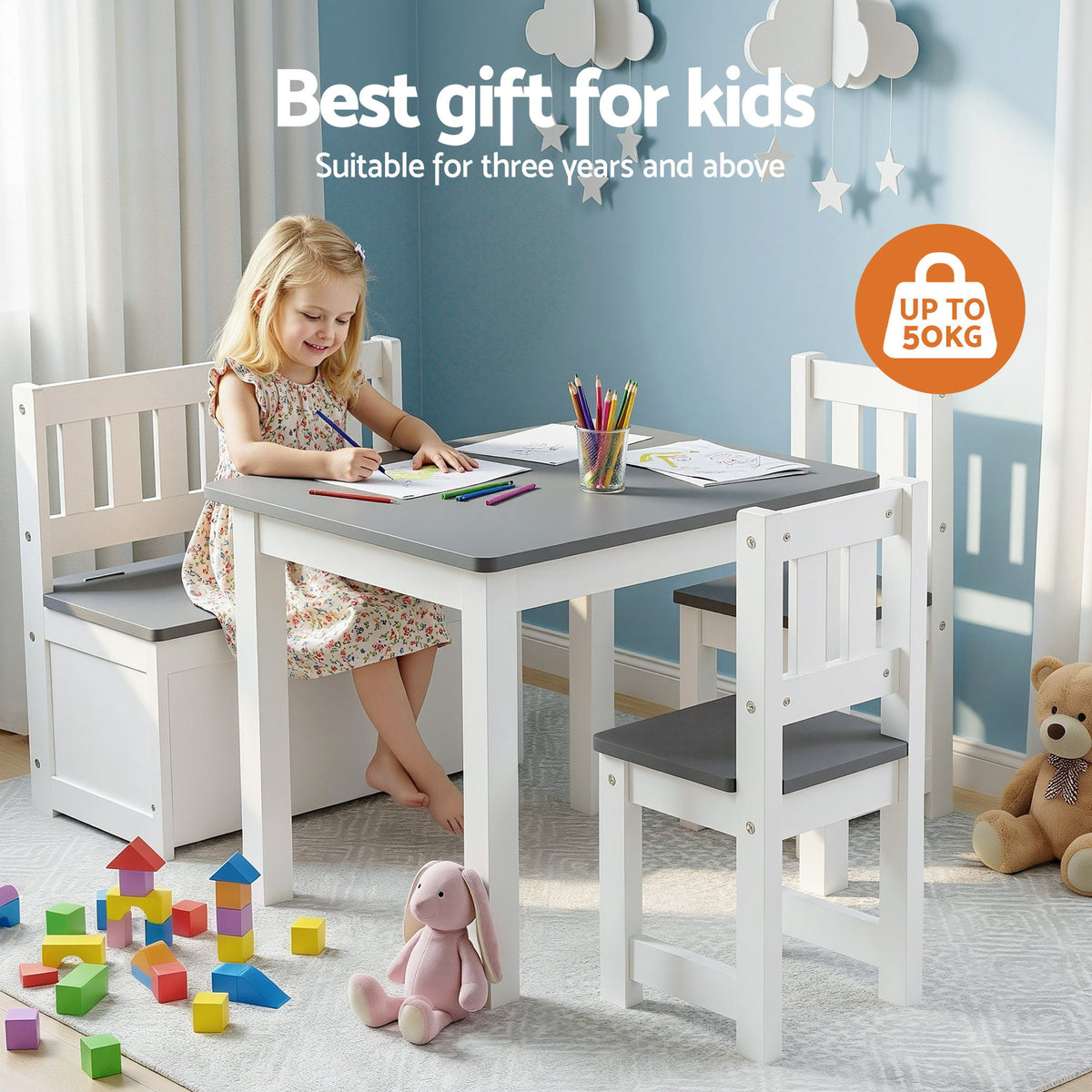 Kids Table Set 4pc | Activity Table + Storage Bench + 2 Chairs | Grey