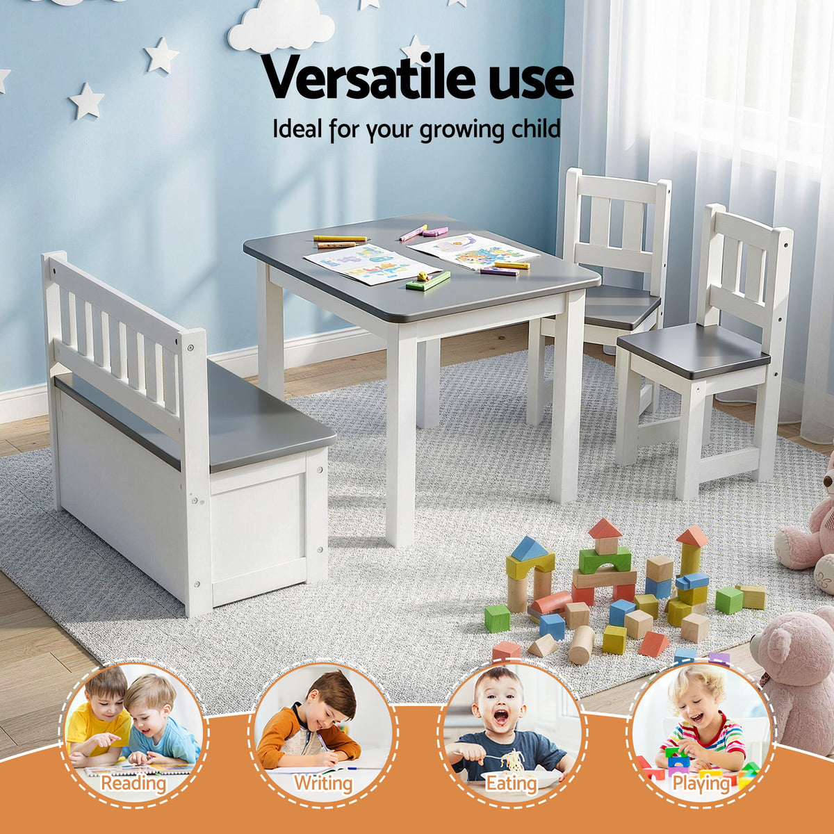 Kids Table Set 4pc | Activity Table + Storage Bench + 2 Chairs | Grey
