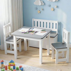 Kids Table Set 4pc | Activity Table + Storage Bench + 2 Chairs | Grey