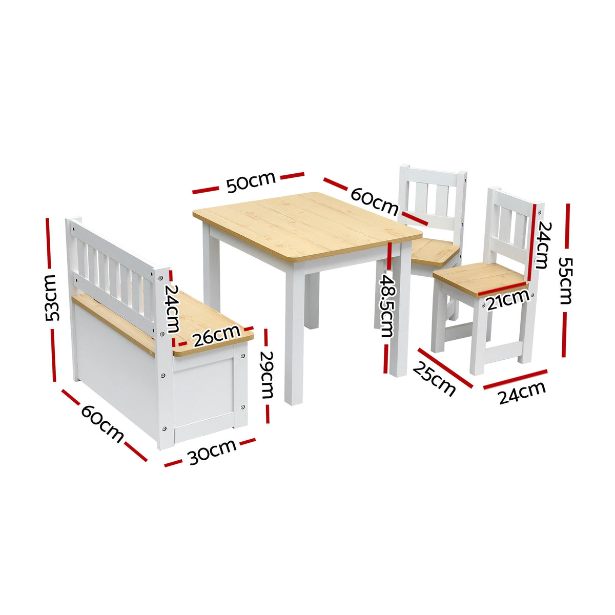 Kids Table Set 4pc | Activity Table + Storage Bench + 2 Chairs | Natural
