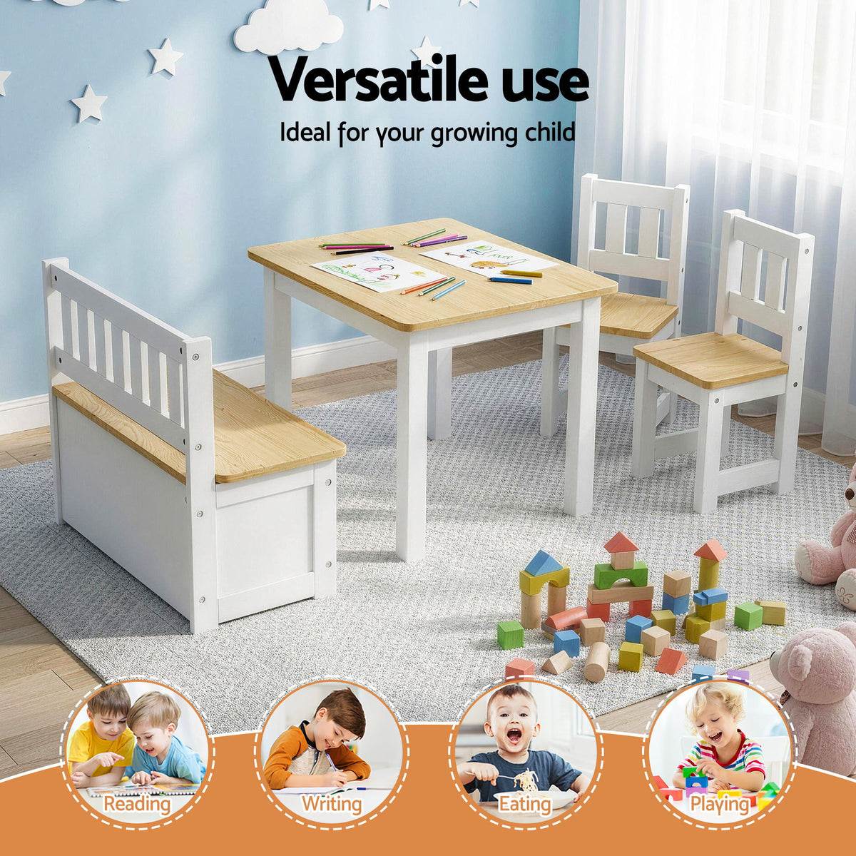 Kids Table Set 4pc | Activity Table + Storage Bench + 2 Chairs | Natural