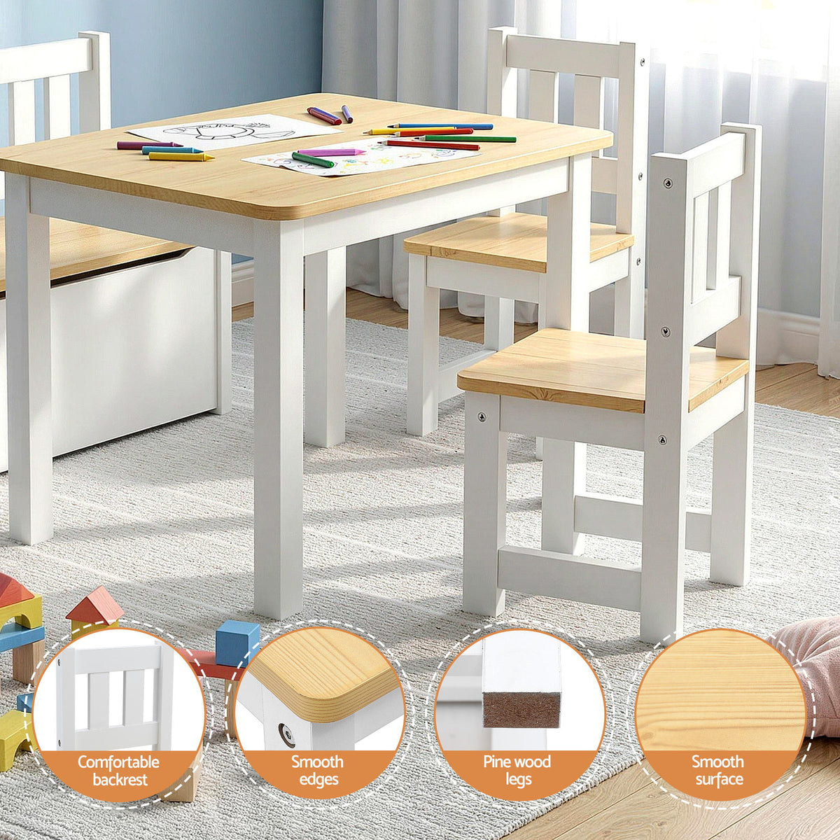 Kids Table Set 4pc | Activity Table + Storage Bench + 2 Chairs | Natural