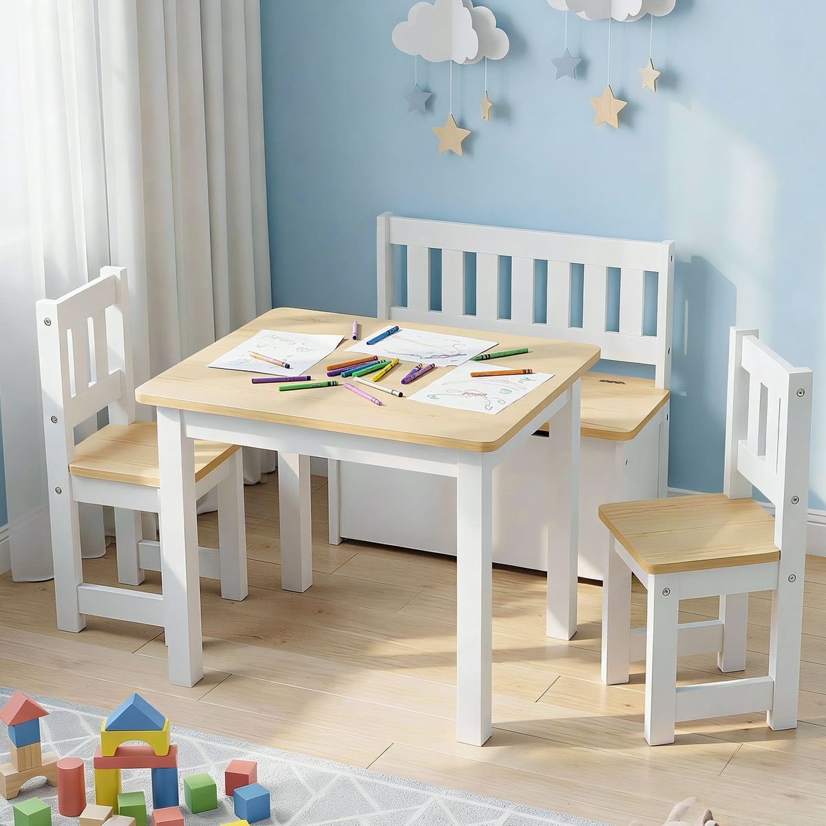 Kids Table Set 4pc | Activity Table + Storage Bench + 2 Chairs | Natural