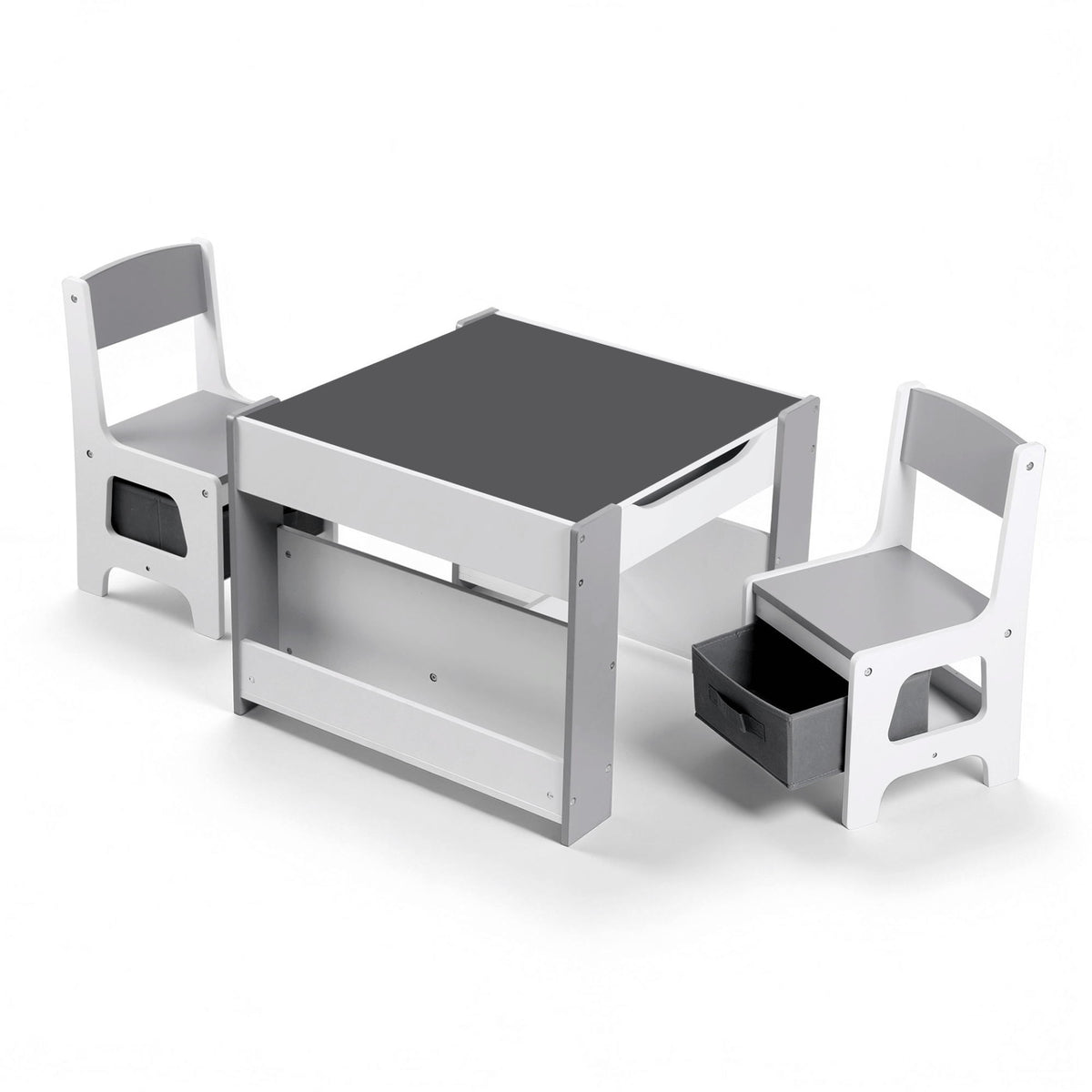 Kids Table Set | 4-in-1 Activity Table + Bookcase + Storage + Blackboard | Grey