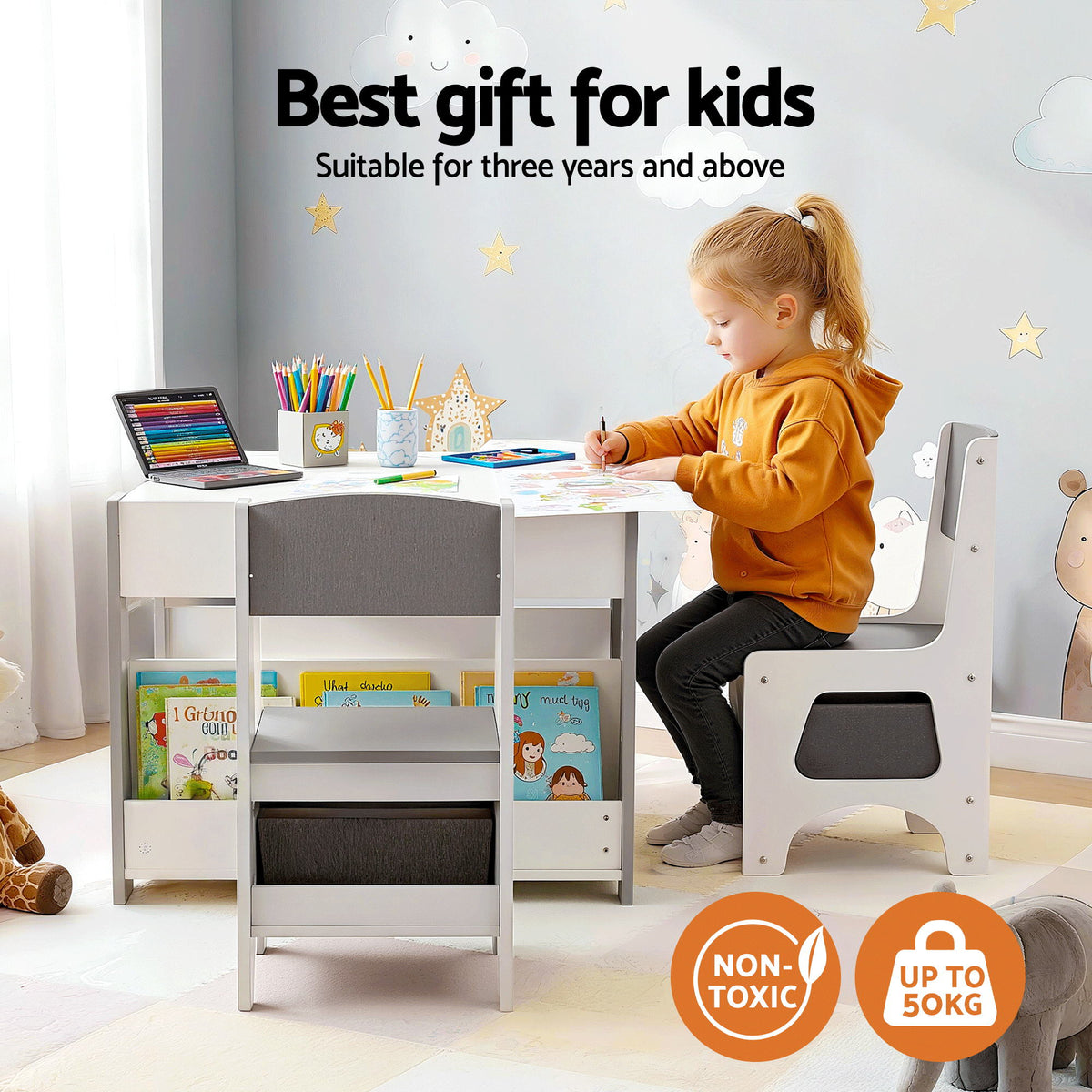Kids Table Set | 4-in-1 Activity Table + Bookcase + Storage + Blackboard | Grey